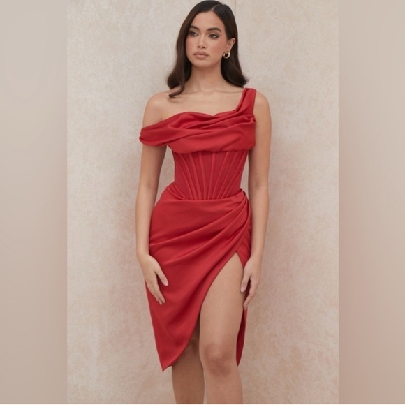 NWT House of CB Lulu Corset One-Shoulder Satin Midi Dress Red Size Large Plus - Picture 1 of 9